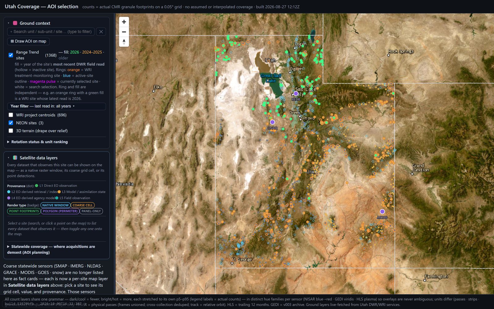 Utah Coverage — every Range Trend site and WRI project across Utah with satellite coverage.