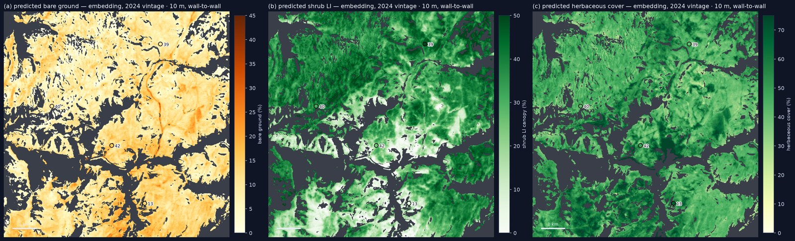 Three maps of a Utah tile showing predicted bare ground, shrub canopy, and herbaceous cover at 10 meter scale, wall to wall, with numbered Range Trend sites.